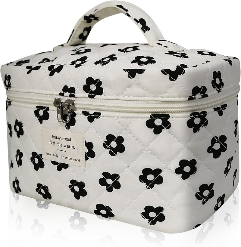 Gosect Large Makeup Bag, Cute Cosmetic Bag for Women Girls, Floral Coquette Aesthetic Toiletry Bag, Travel Make Up Organizer Bag (Black Flower) - Image 1
